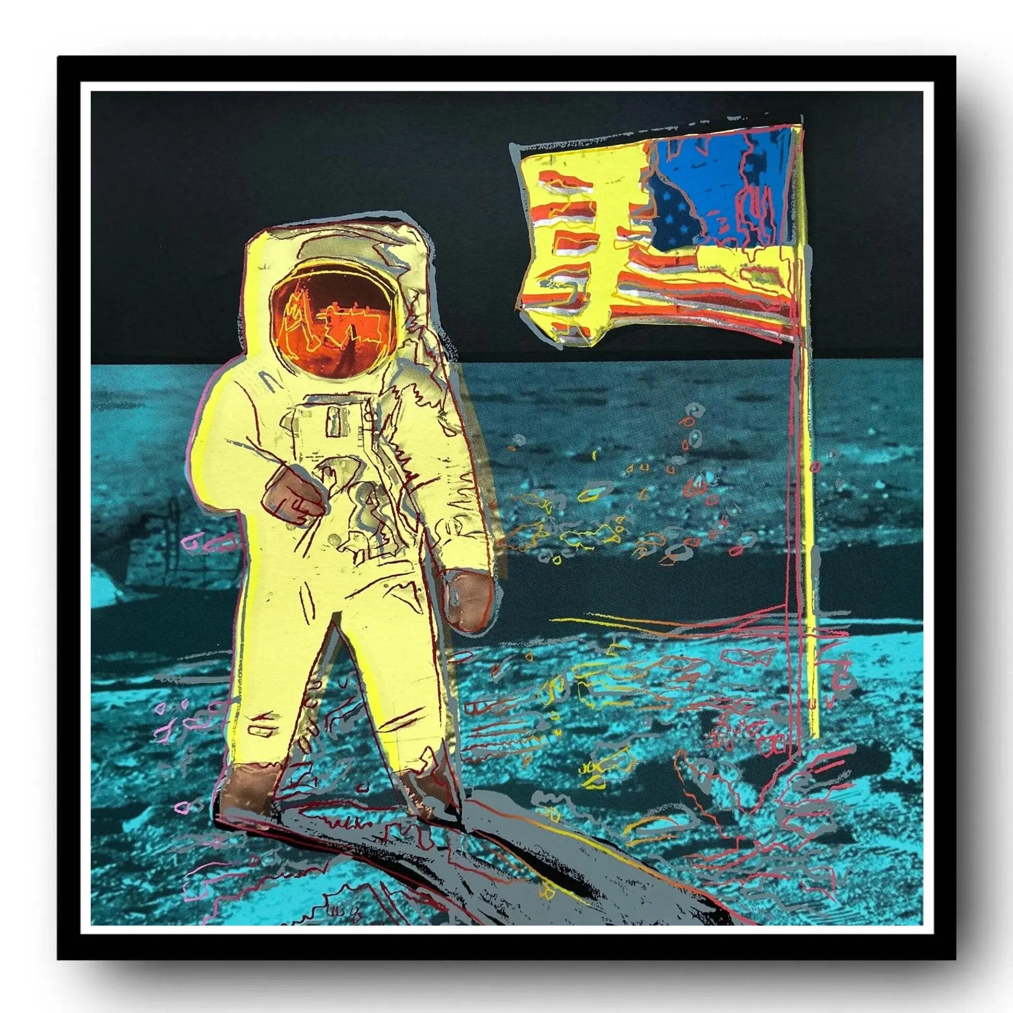 Warhols Famous Moonalk, astronaut on moon with American flag.